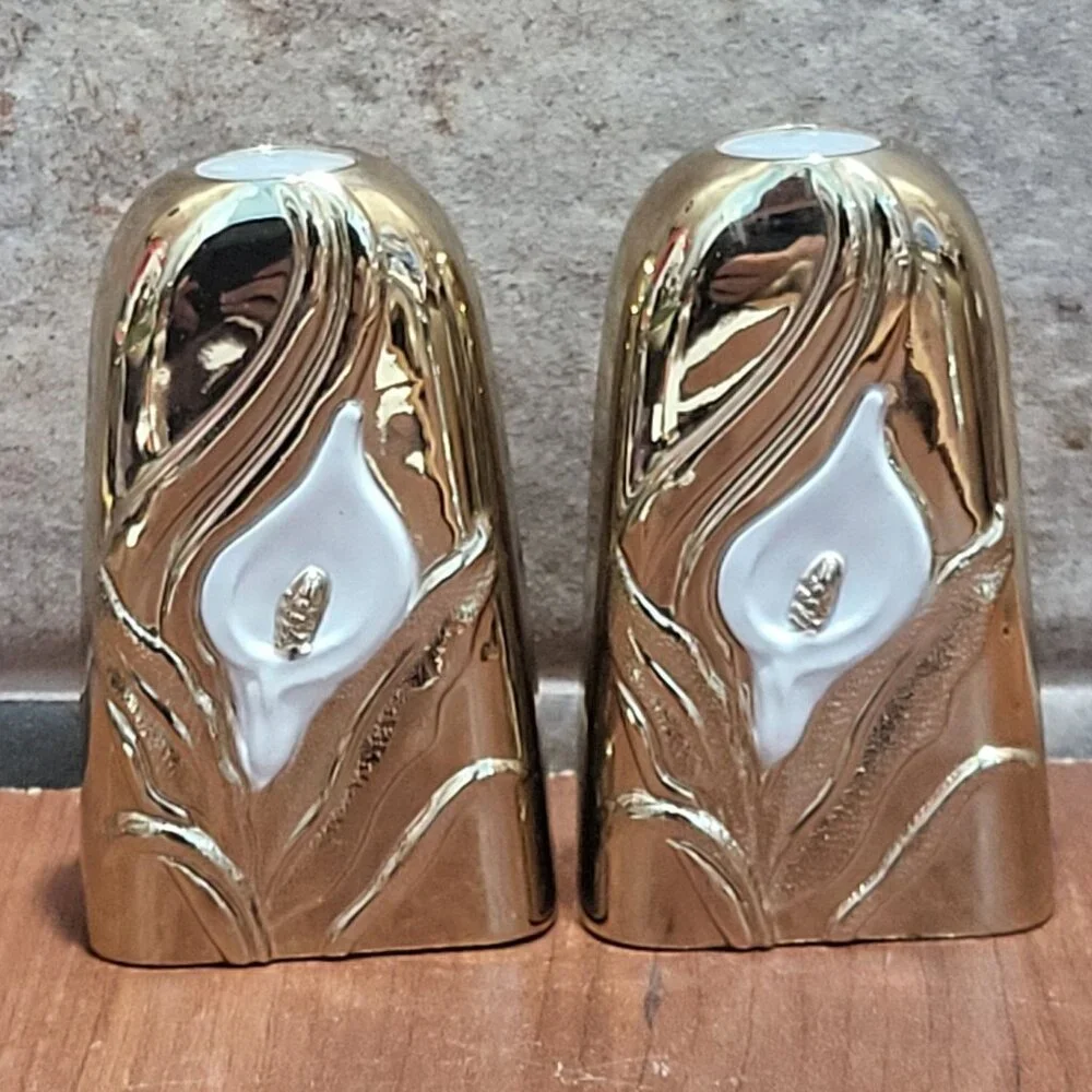Vintage Japan Goldtone Over Silverplate White Calla Lily Salt Pepper Shaker Set